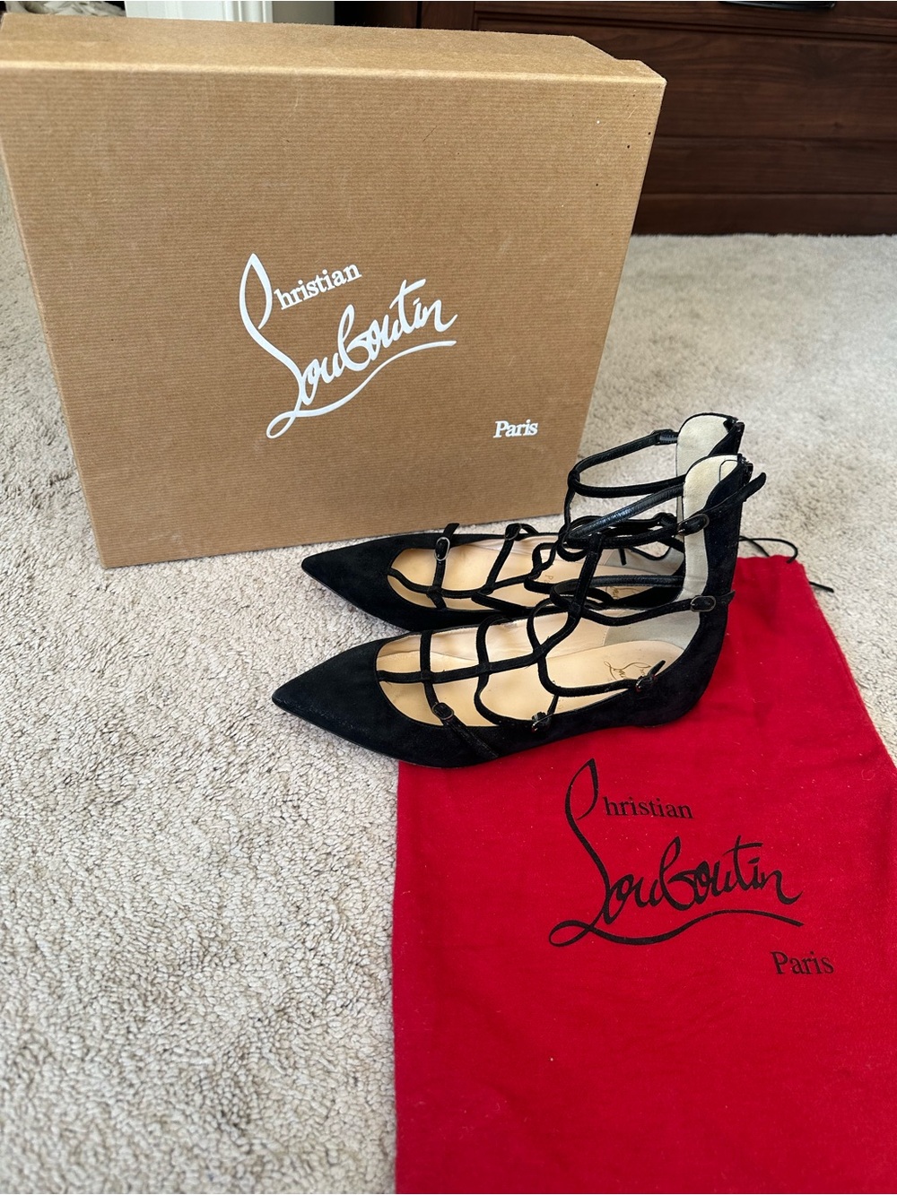 Christian Louboutin Black Suede Leather Pointed Lace-Up Flats - sz 36